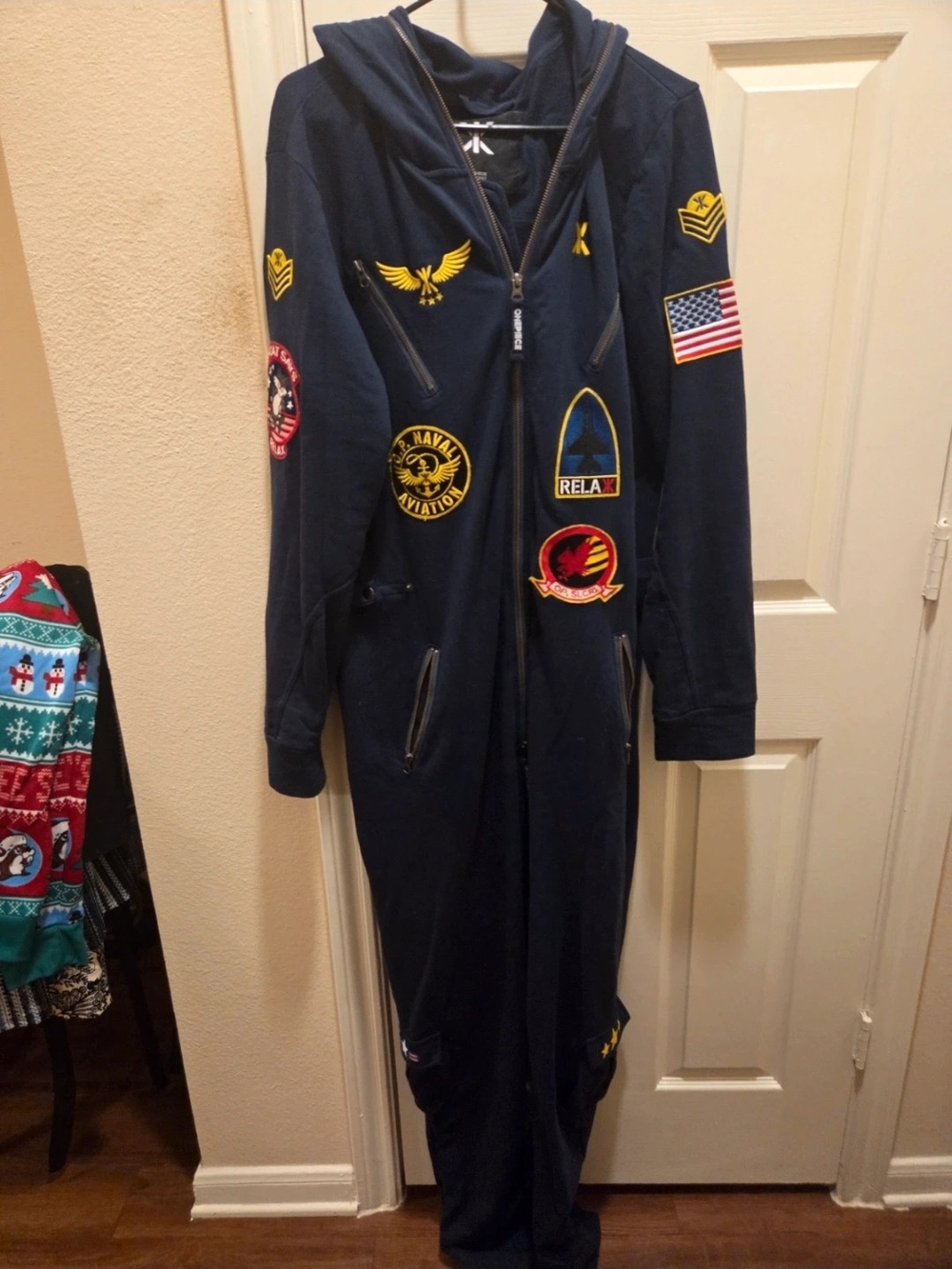 Onepiece Navy and Yellow Patchwork Crewneck Jumpsuit Sweater